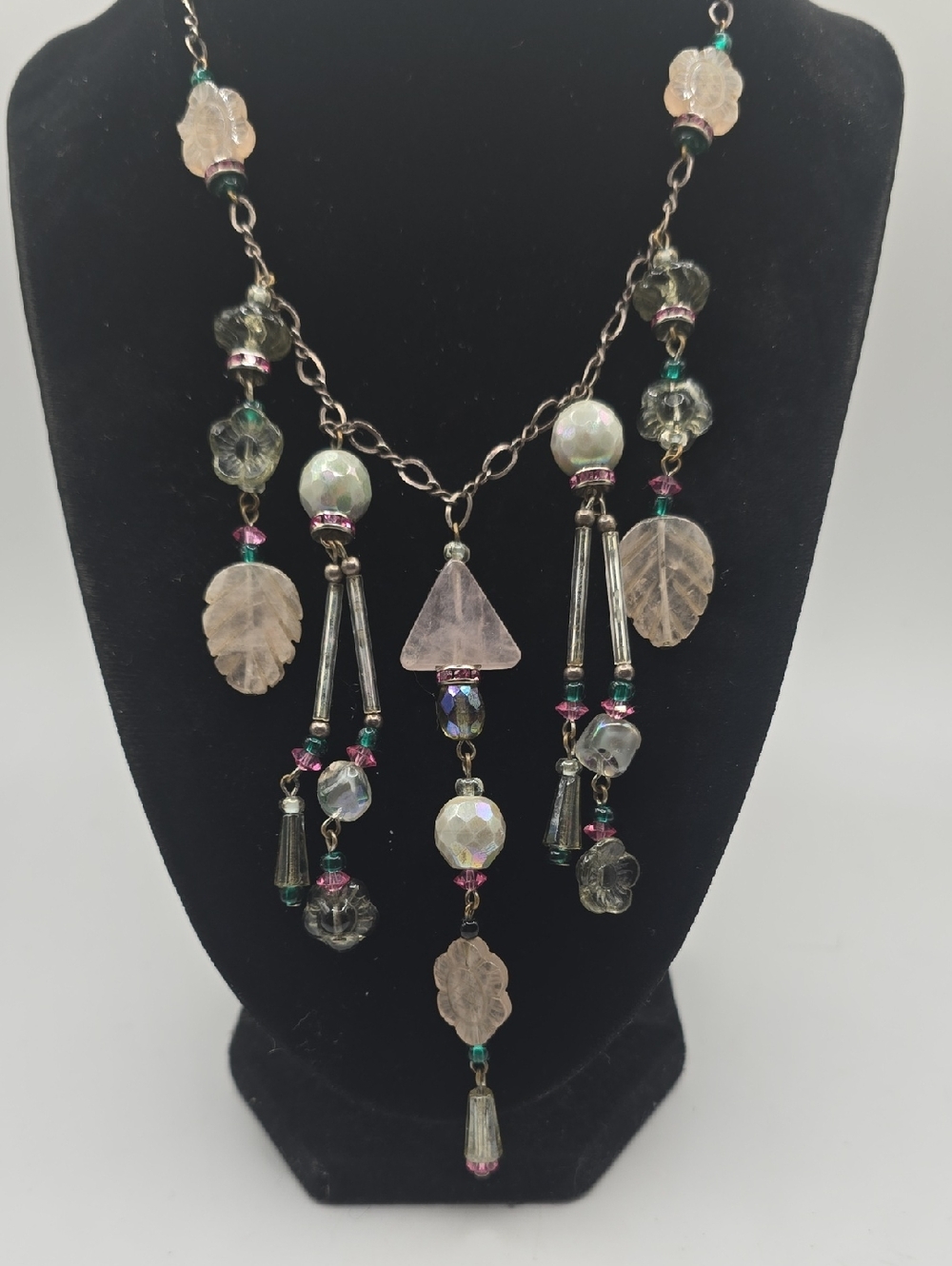 Iris Lane Sterling Silver Pink and Green Gemstone Beaded Drop Necklace